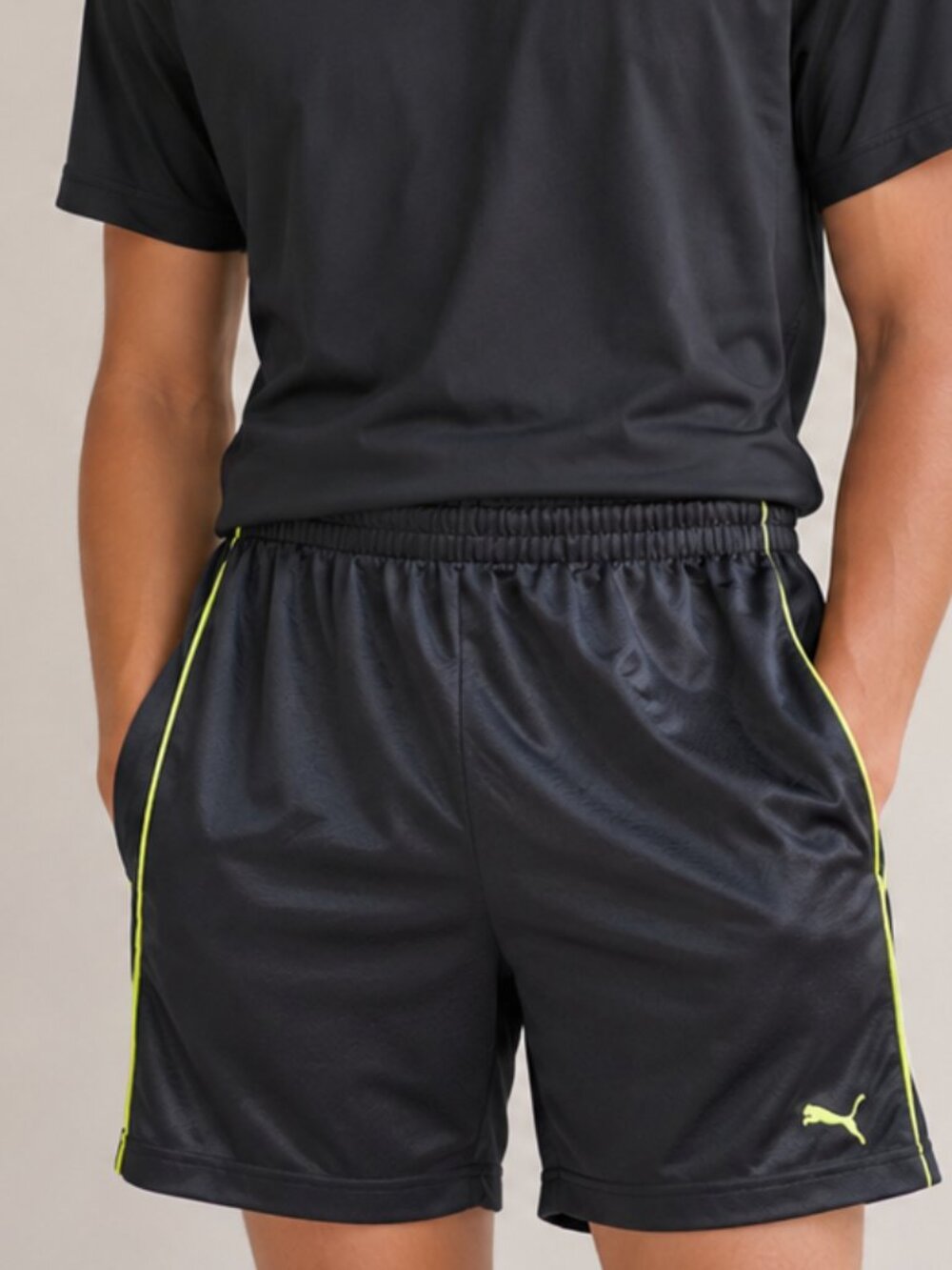 Puma Boys Medium Black Athletic Shorts Neon Green Trim Performance Gym Activewea